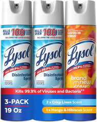 Lysol Disinfectant Spray, Household Cleaning Supplies, Disinfecting Multi-Purpose Room Spray, Antibacterial Sanitizer, Deodorizer, Kills Hantavirus, Crisp Linen + Mango & Hibiscus, 19 Fl Oz, 3-Pack