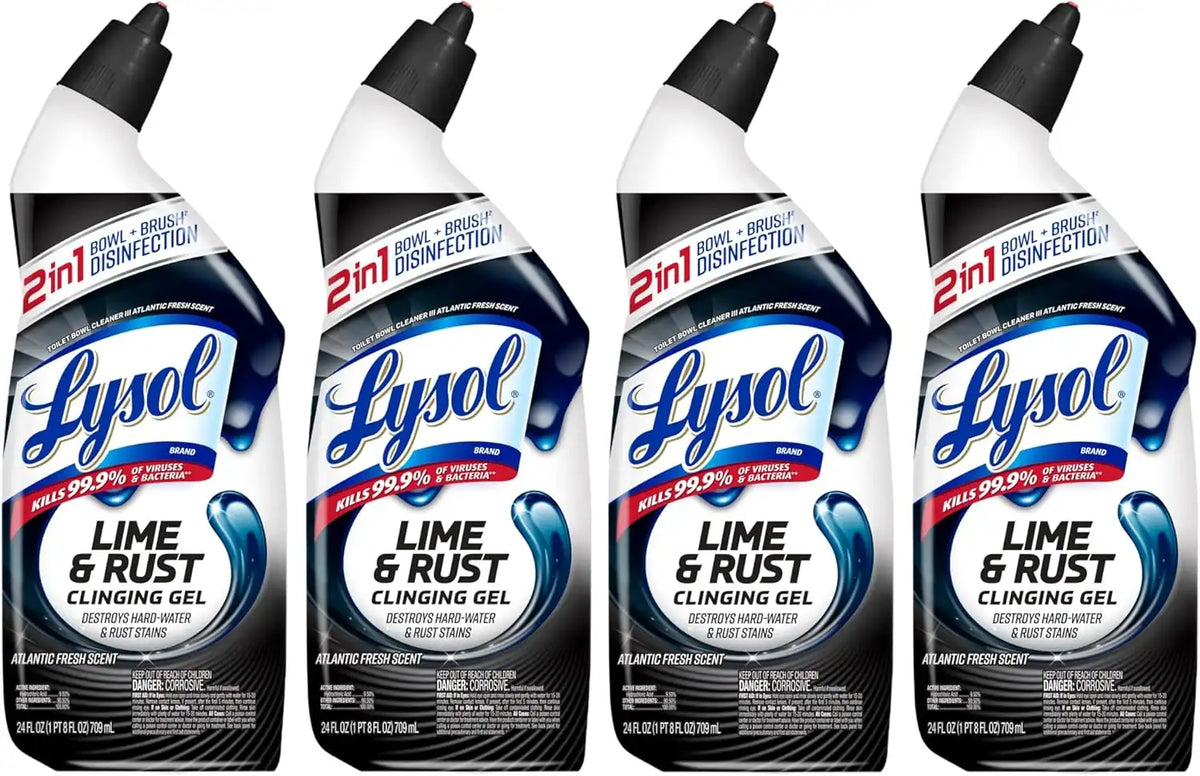 Lysol Lime & Rust Toilet Bowl Cleaner Liquid, For Limescale, Rust & Hard Water Stains, Septic Safe, Clinging Gel, Disinfects, Sanitizes & Deodorizes, Bathroom Cleaning Supplies, 24oz (4 Pack)