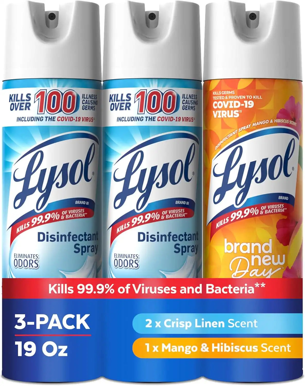 Lysol Disinfectant Spray, Household Cleaning Supplies, Disinfecting Multi-Purpose Room Spray, Antibacterial Sanitizer, Deodorizer, Kills Hantavirus, Crisp Linen + Mango & Hibiscus, 19 Fl Oz, 3-Pack