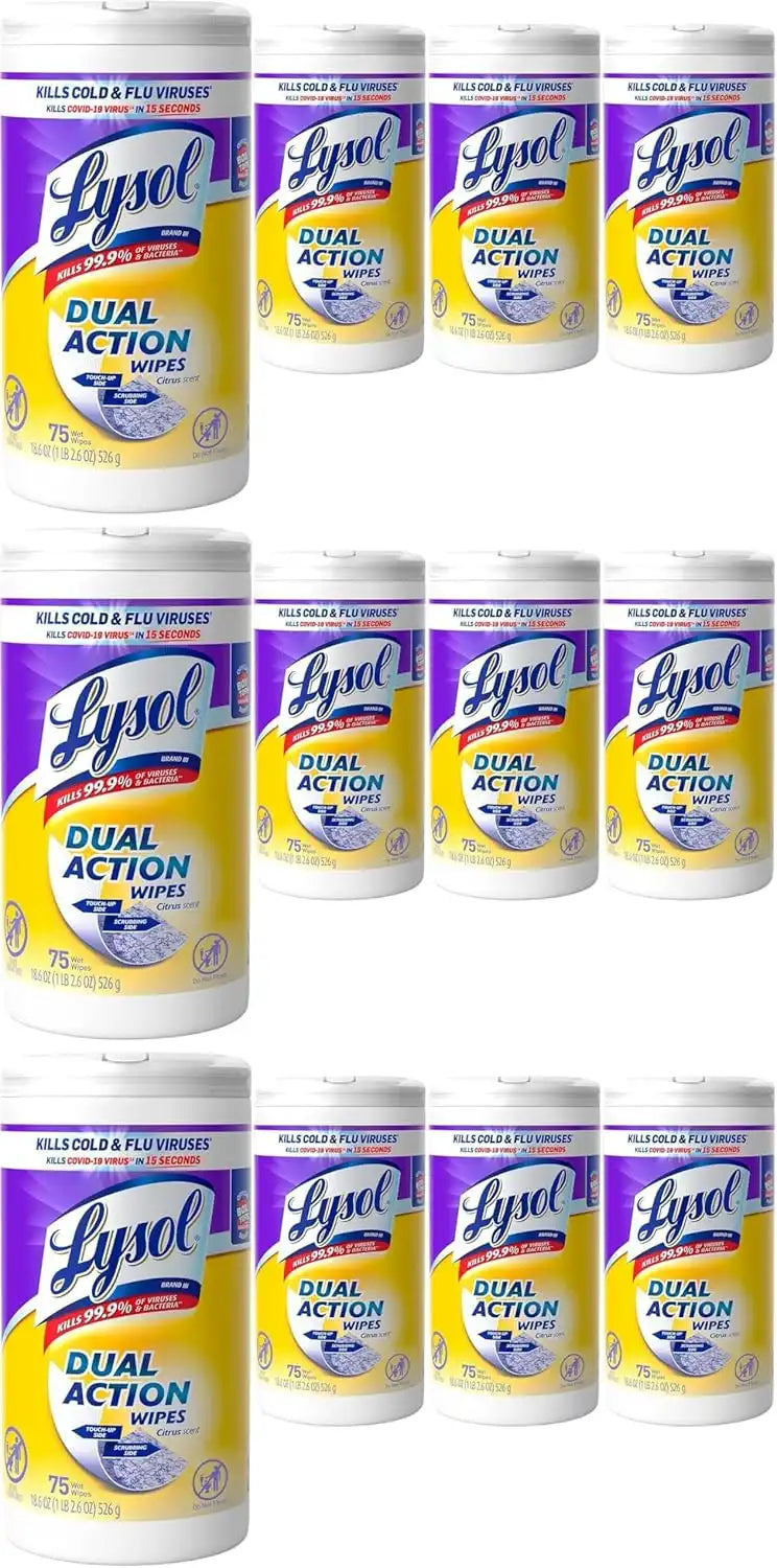 Lysol Dual Action Disinfectant Wipes, Multi-Surface Antibacterial Scrubbing Wipes, For Disinfecting and Cleaning, Citrus Scent, 75ct, Packaging May Vary (Pack of 12)