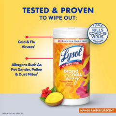 LYSOL Disinfecting Wipes, All Purpose Cleaner, Multi-Surface Antibacterial Cleaning Wipes, Household Cleaning Supplies, Dorm Essentials, Mango & Hibiscus Scent, 80 ct.